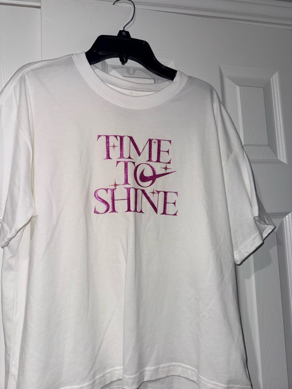 Nike White Short-Sleeve Tee with Pink 'TIME TO SHINE' Graphic